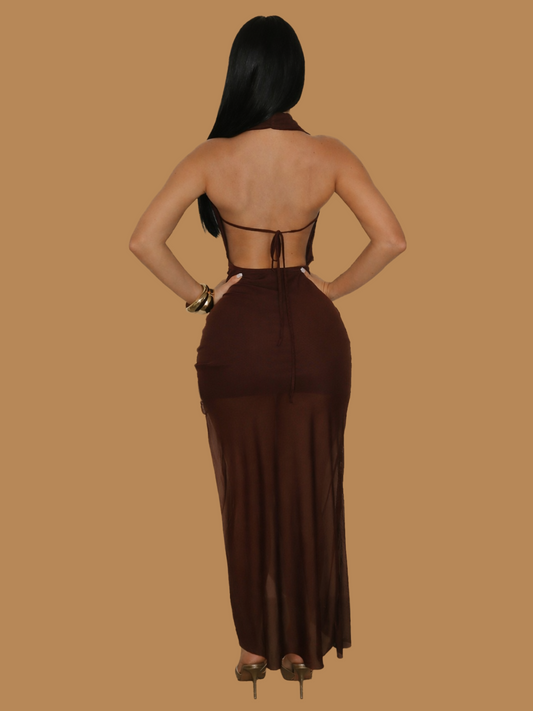 BROWN ALLURE PLUNGE MAXI DRESS